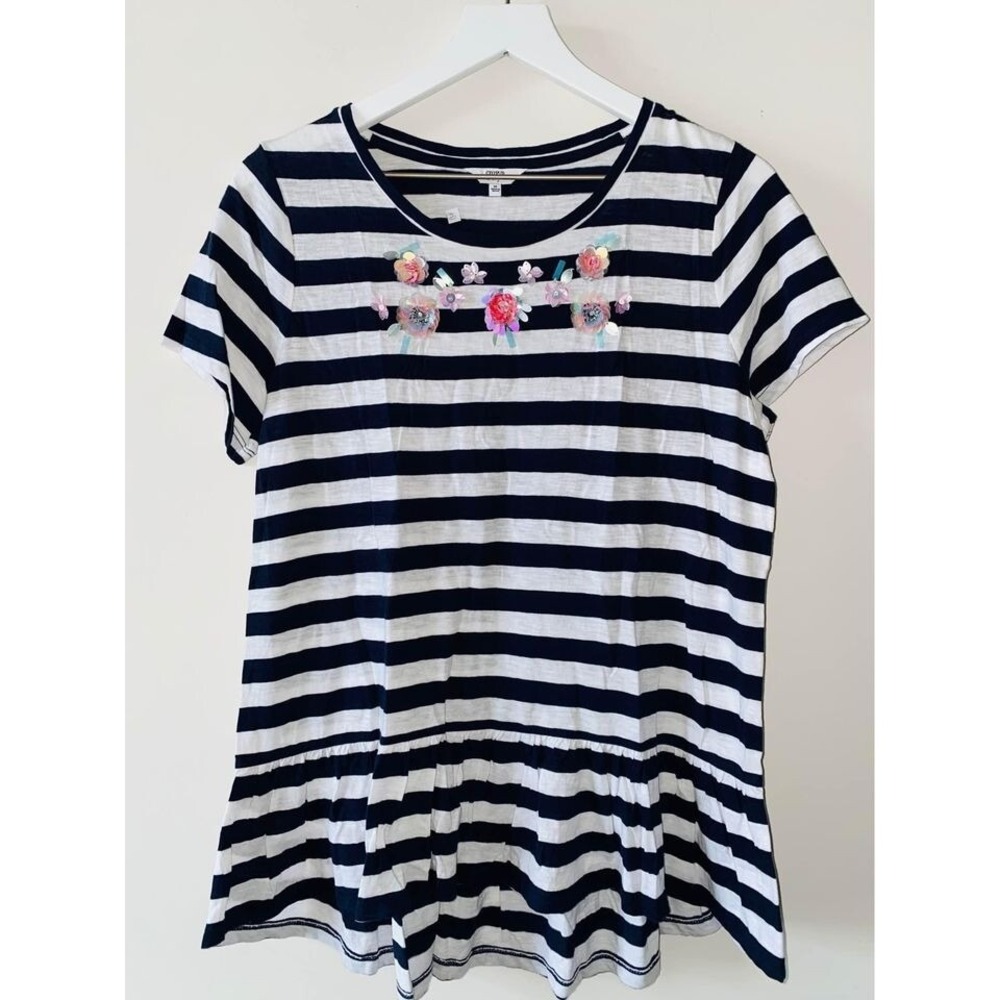 P1 Crown & Ivy Women's Blouse shirt top Blue White Striped neckline Medium
